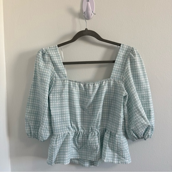 (NWT)  New Look button up tea cute blouse in mint plaid - Picture 8 of 10
